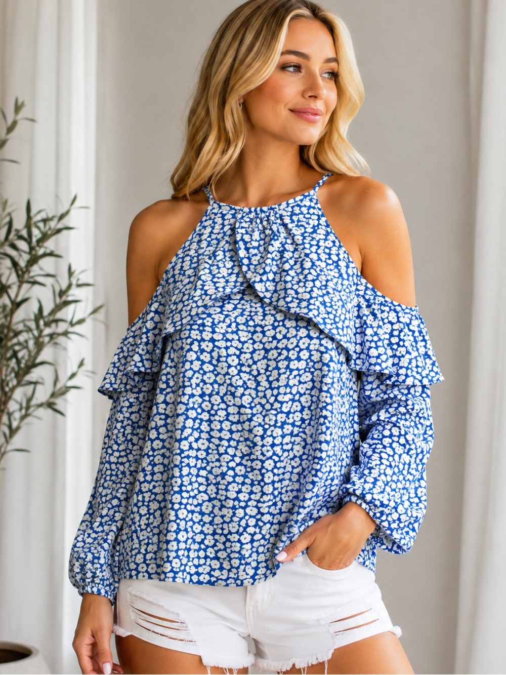 Michael Kors Blue and White Cold-Shoulder Floral Top- Size Medium